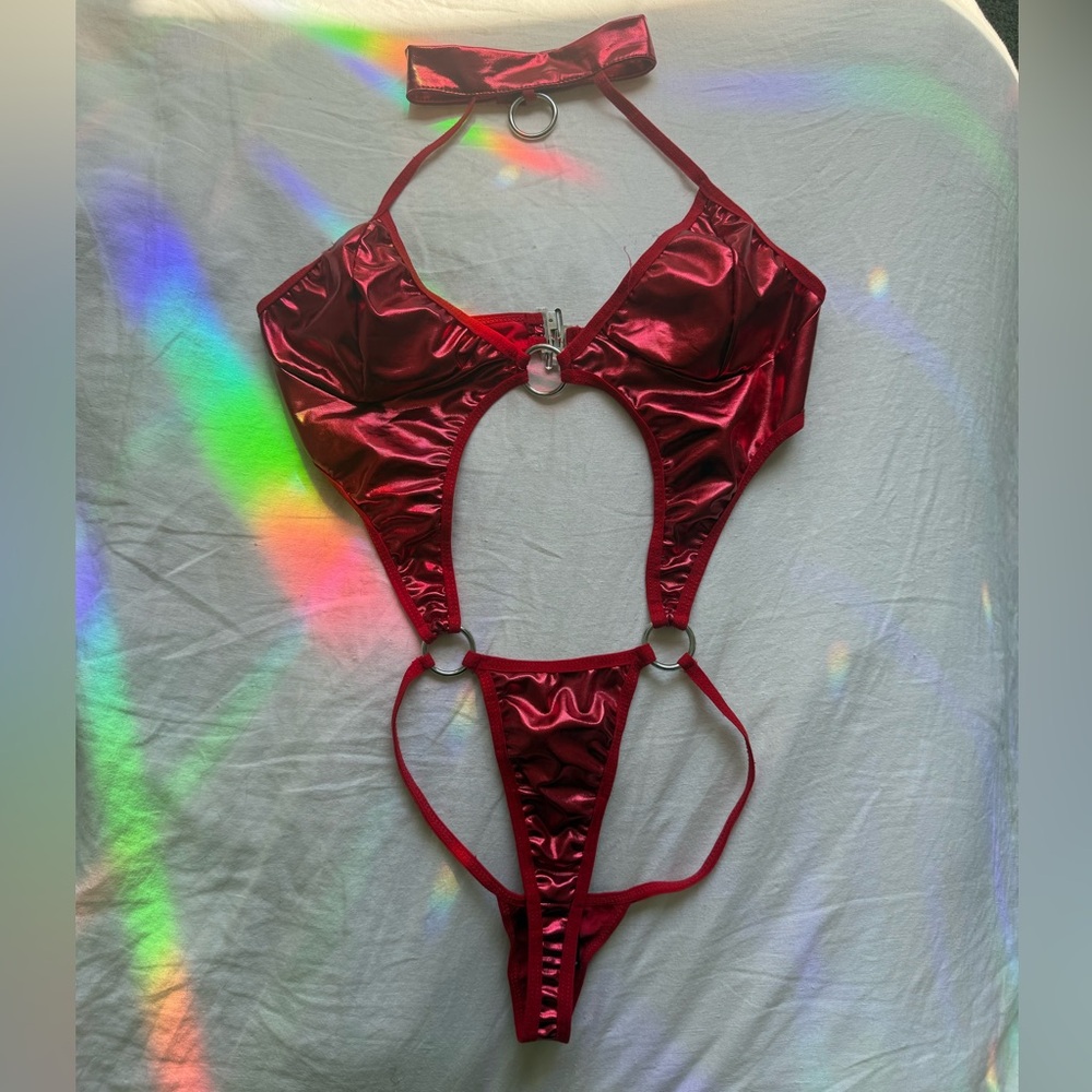 Fashion Nova Red Metallic Cutout One-Piece Bodysuit